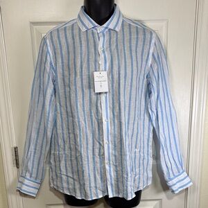 NWT 100 % Linen Porter & Ash Blue and White Striped Men's Shirt Size Medium